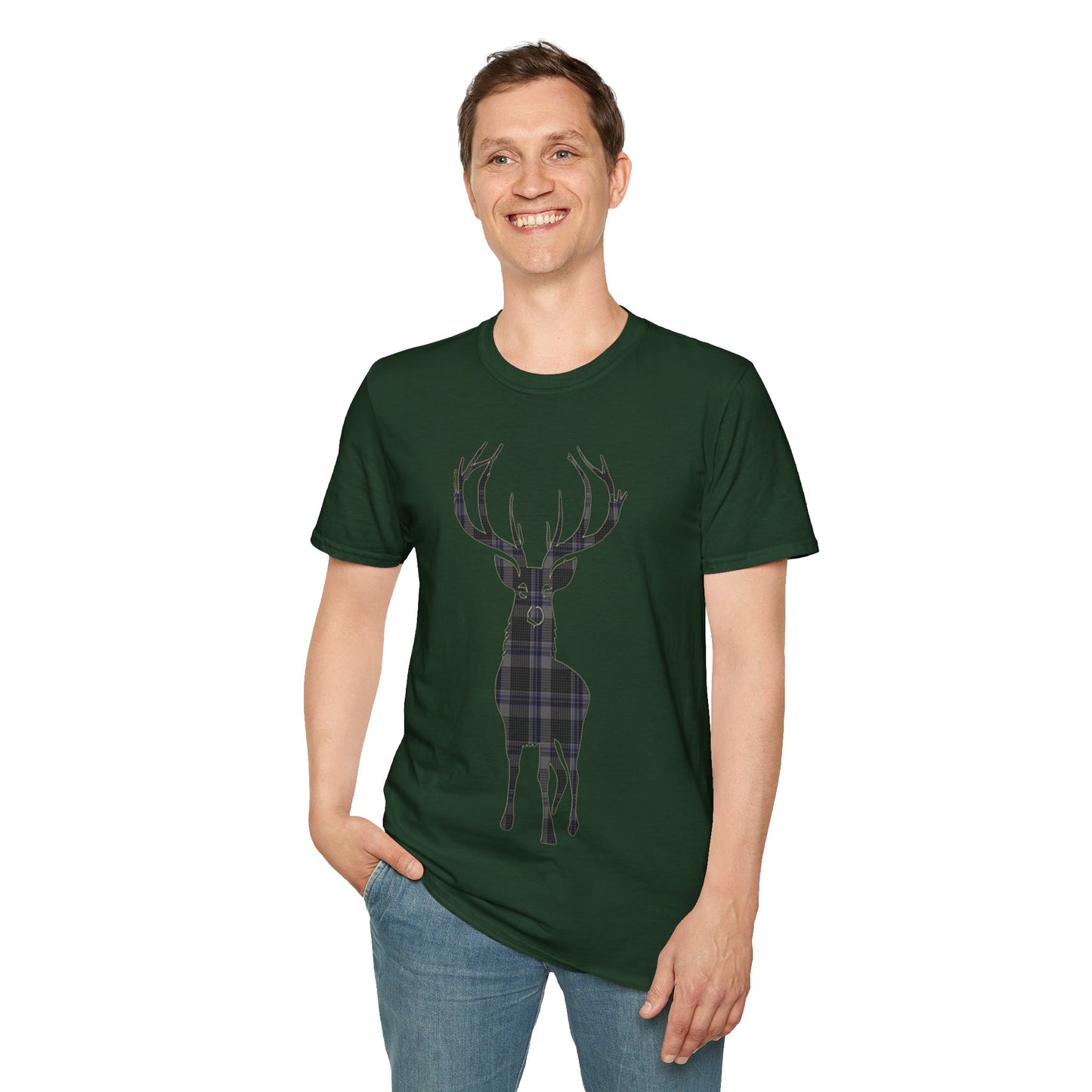 Tartan Stag Softstyle T-Shirt - Hood Tartan, Unisex Tee, Scottish Scenery, Various Colours