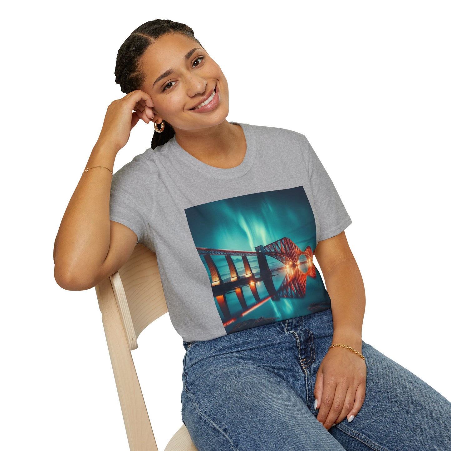 Forth Rail Bridge with Northern Lights Softstyle Unisex T-Shirt, Scotland Tee