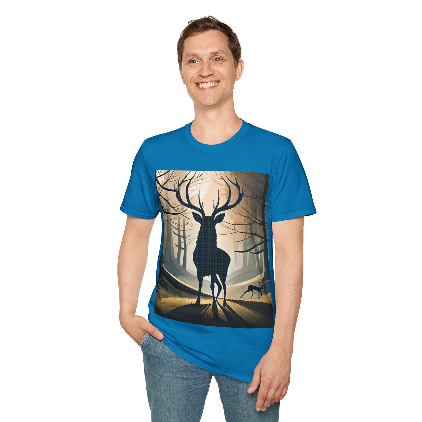 Stag Tartan Silhouette Softstyle T-Shirt - Argyle Tartan, Unisex Tee, Scottish Scenery, Various Colours