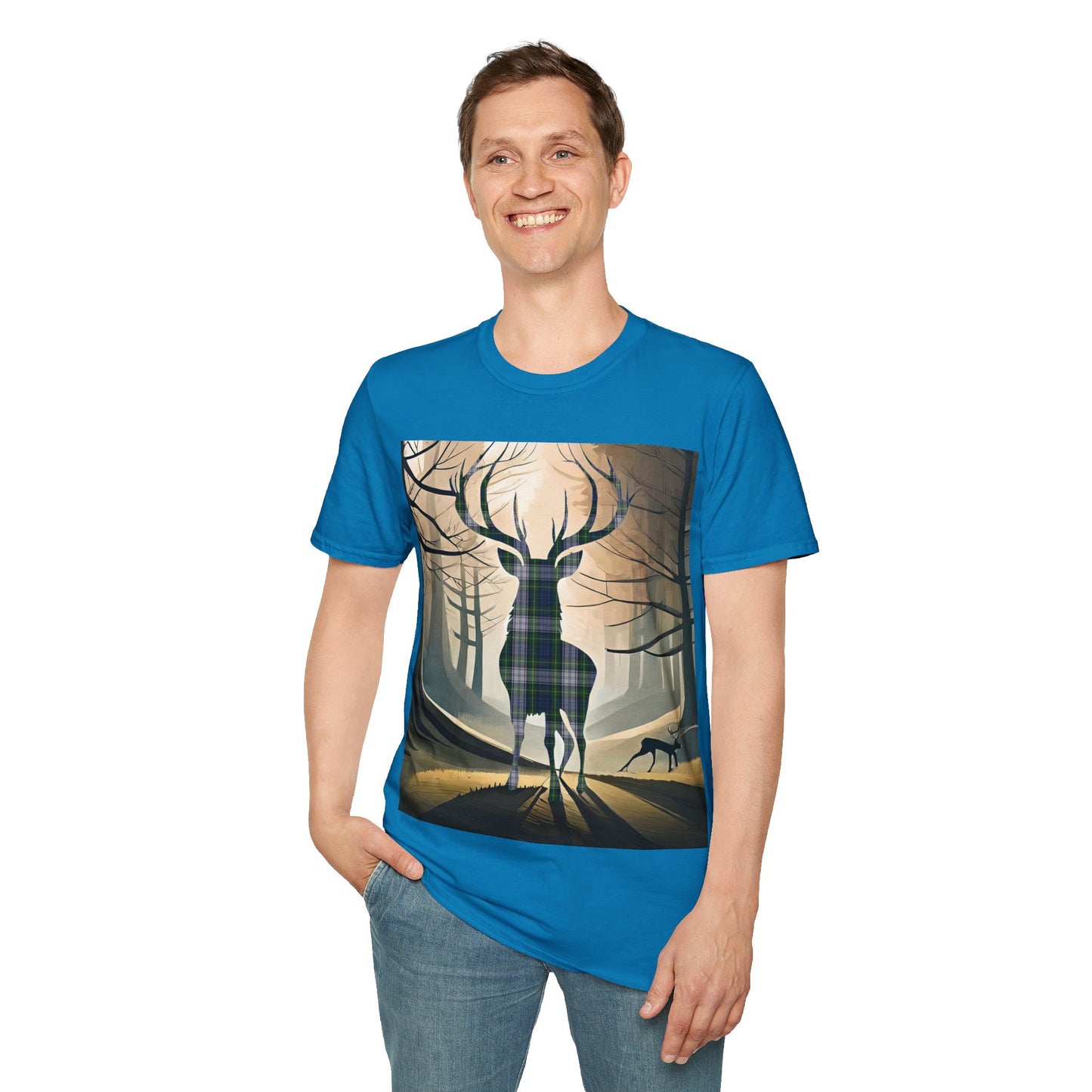 Stag Tartan Silhouette Softstyle T-Shirt - Gordon Dress Tartan, Unisex Tee, Scottish Scenery, Various Colours