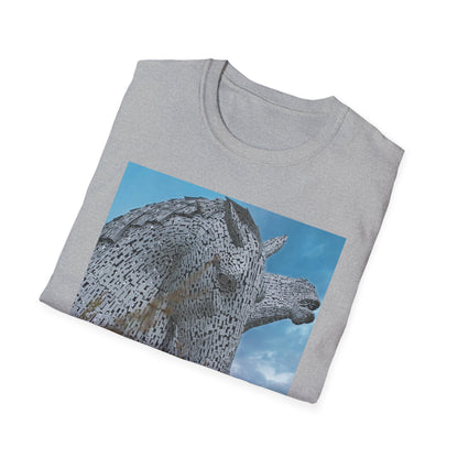 Scottish Kelpies with Meadow Photo Softstyle Unisex T-Shirt, Scotland Tee