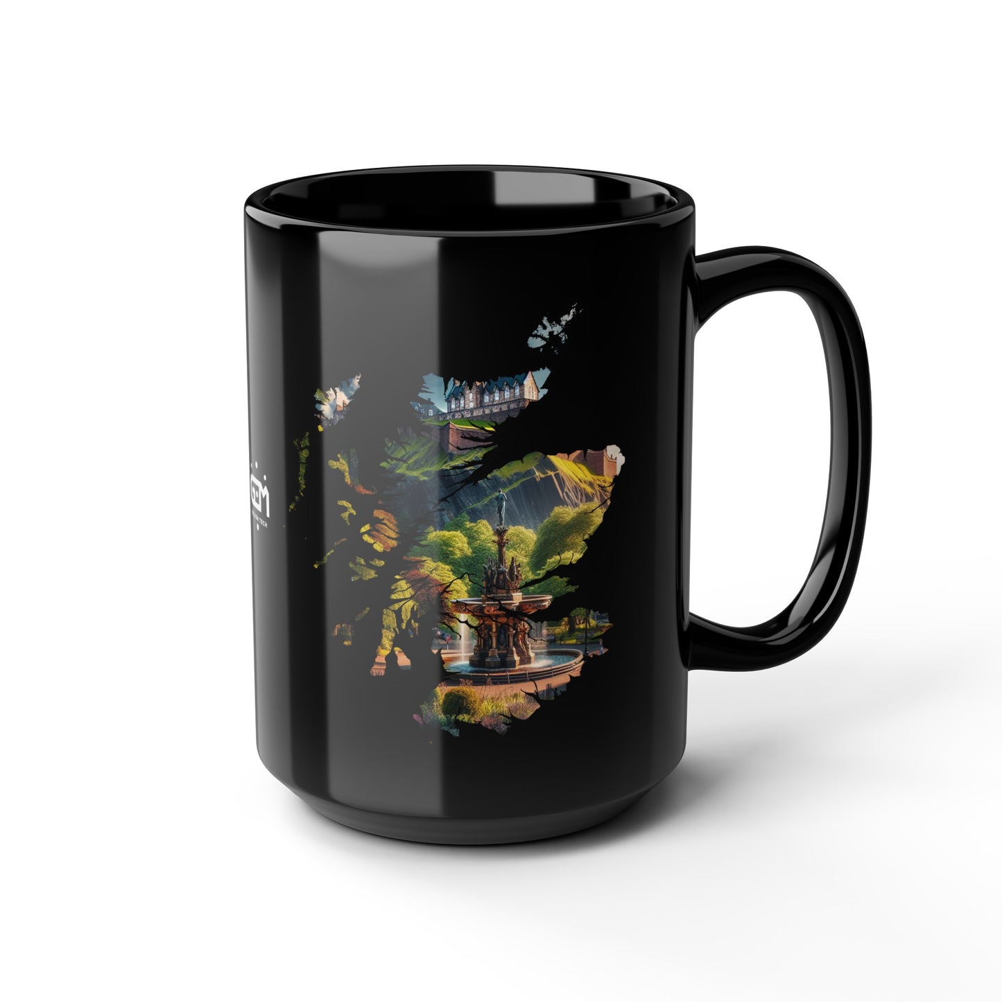 Edinburgh Castle with Fountain Scotland Map Mug, Coffee Cup, Tea Cup, Scottish Art, Scottish Nature, Scottish Landmarks, Black