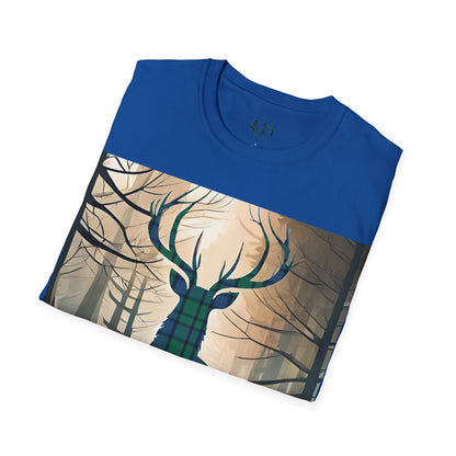 Stag Tartan Silhouette Softstyle T-Shirt - Flower of Scotland Tartan, Unisex Tee, Scottish Scenery, Various Colours