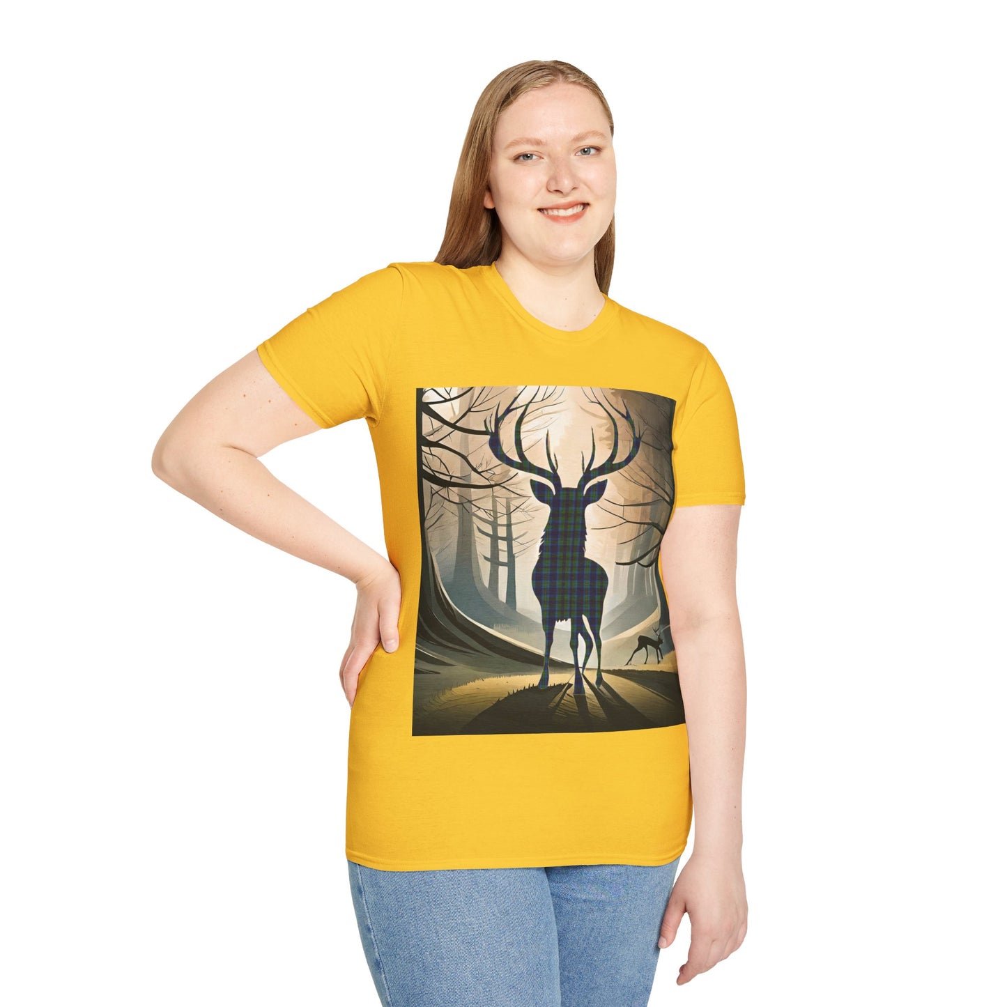 Stag Tartan Silhouette Softstyle T-Shirt - Miller Tartan, Unisex Tee, Scottish Scenery, Various Colours