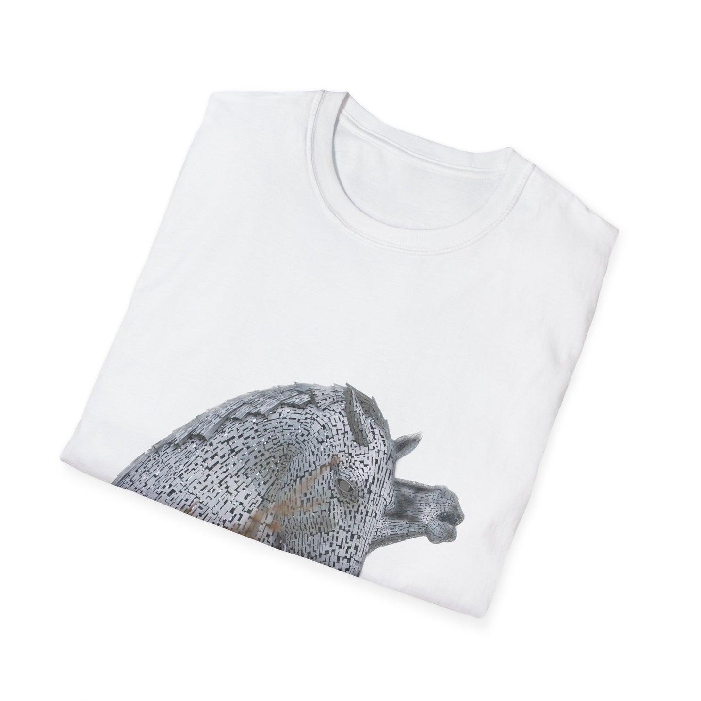 Scottish Kelpies with Meadow No Sky Photo Softstyle Unisex T-Shirt, Scotland Tee