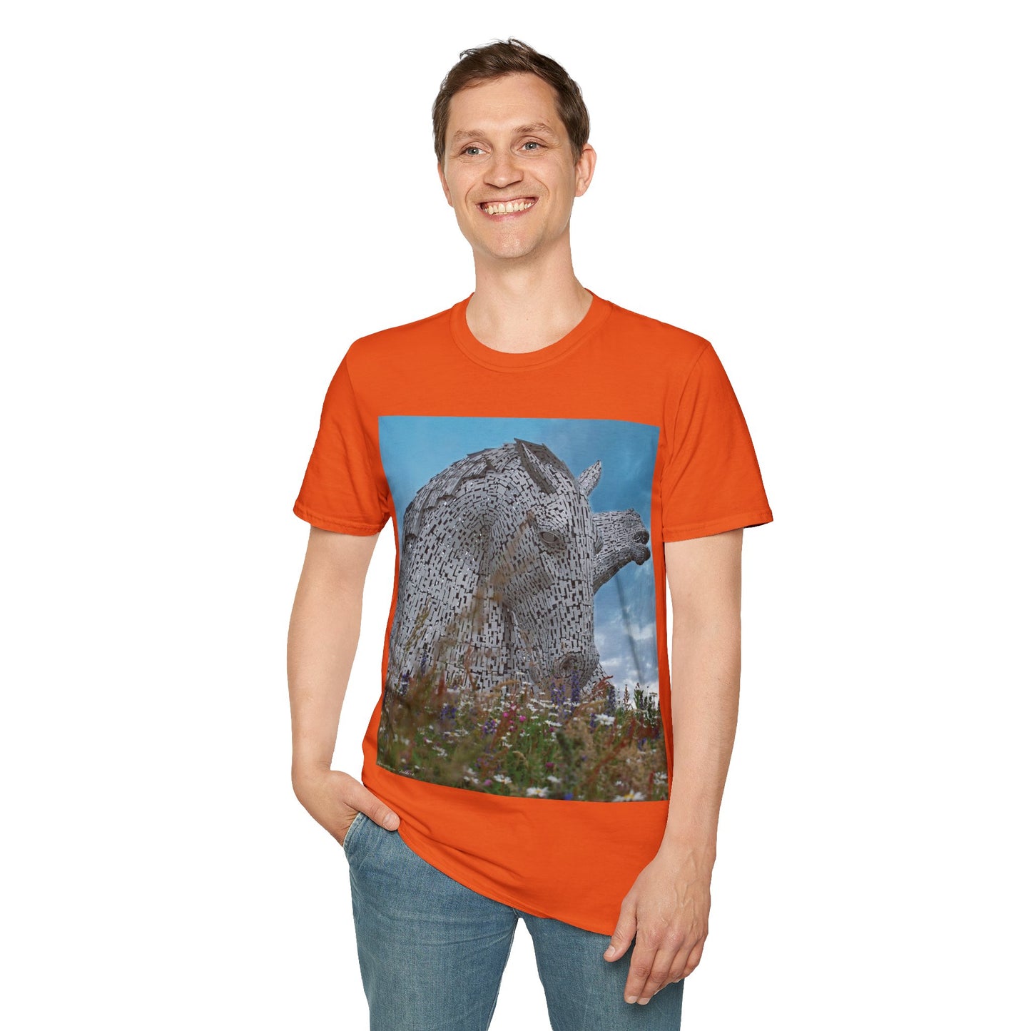 Kelpies with Meadow Photo Softstyle T-Shirt, Unisex Tee, Scottish Landmarks, Various Colours