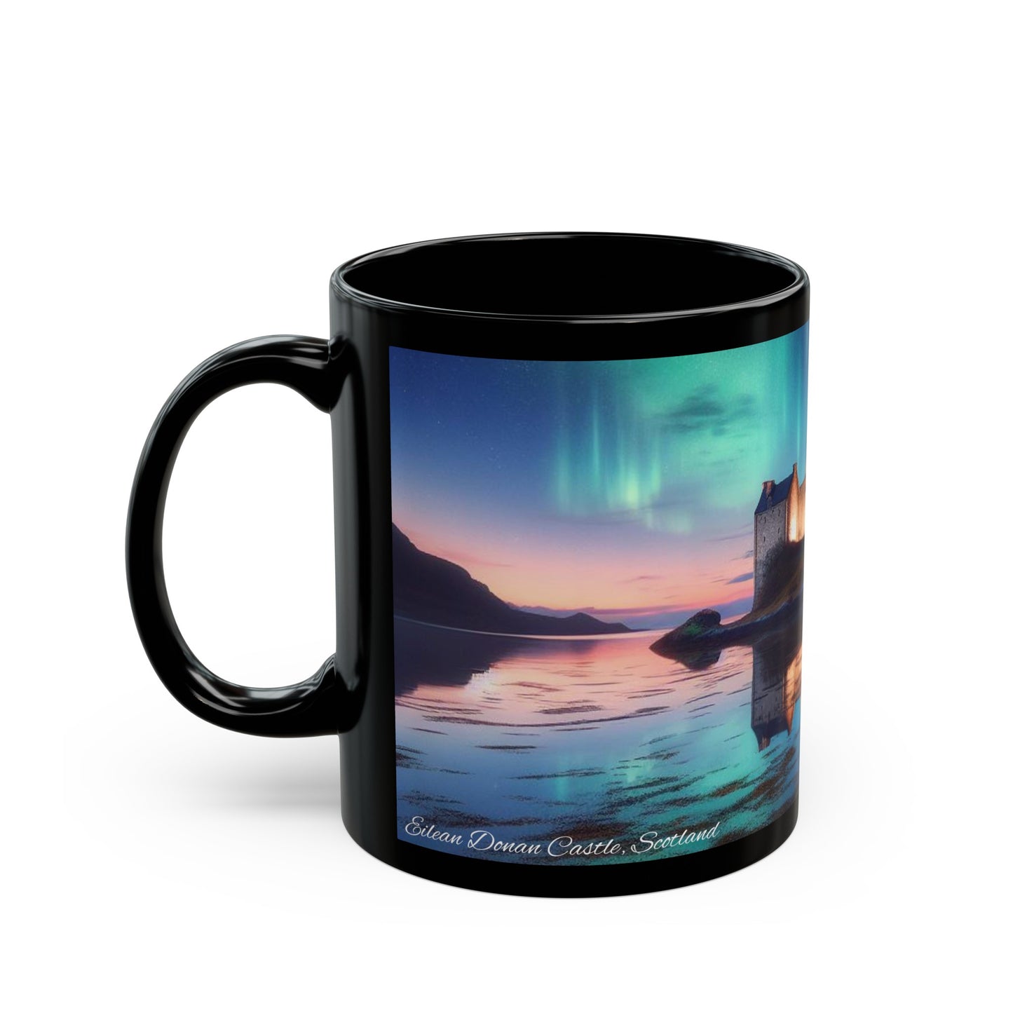 Eilean Donan Castle Northern Lights Mug, Coffee Cup, Tea Cup, Scottish Art, Scottish Landmarks, Scottish Nature, Black