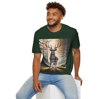 Stag Tartan Silhouette Softstyle T-Shirt - Stewart Dress Tartan, Unisex Tee, Scottish Scenery, Various Colours