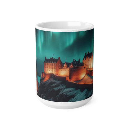 Edinburgh Castle Northern Lights Mug, Coffee Cup, Tea Cup, Scottish Art, Scottish Landmarks, Scottish Nature, White