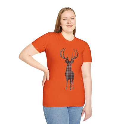 Tartan Stag Softstyle T-Shirt - Stewart Tartan, Unisex Tee, Scottish Scenery, Various Colours