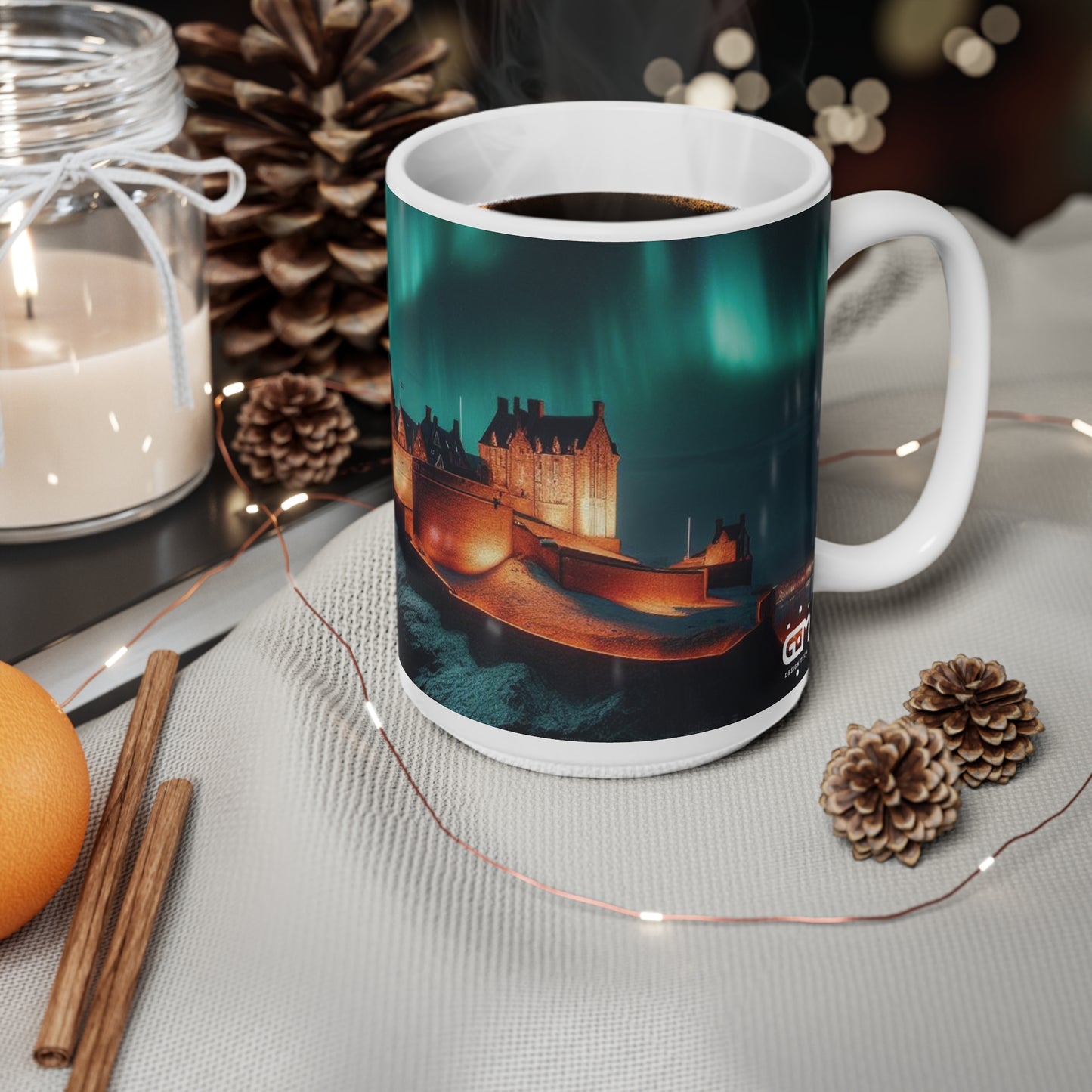 Edinburgh Castle Northern Lights Mug, Coffee Cup, Tea Cup, Scottish Art, Scottish Landmarks, Scottish Nature, White