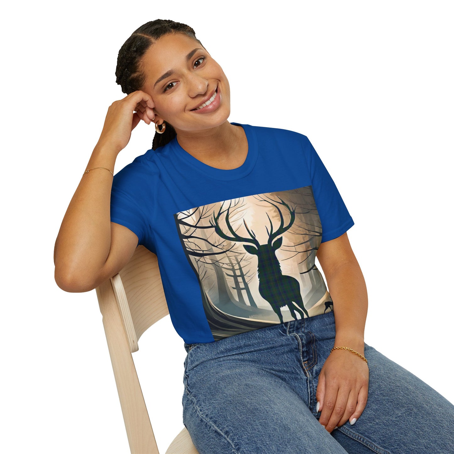 Stag Tartan Silhouette Softstyle T-Shirt - Kennedy Tartan, Unisex Tee, Scottish Scenery, Various Colours