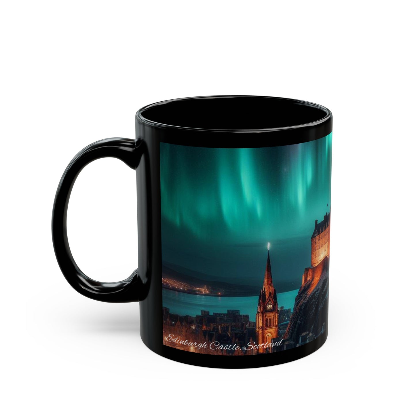 Edinburgh Castle Northern Lights Mug, Coffee Cup, Tea Cup, Scottish Art, Scottish Landmarks, Scottish Nature, Black