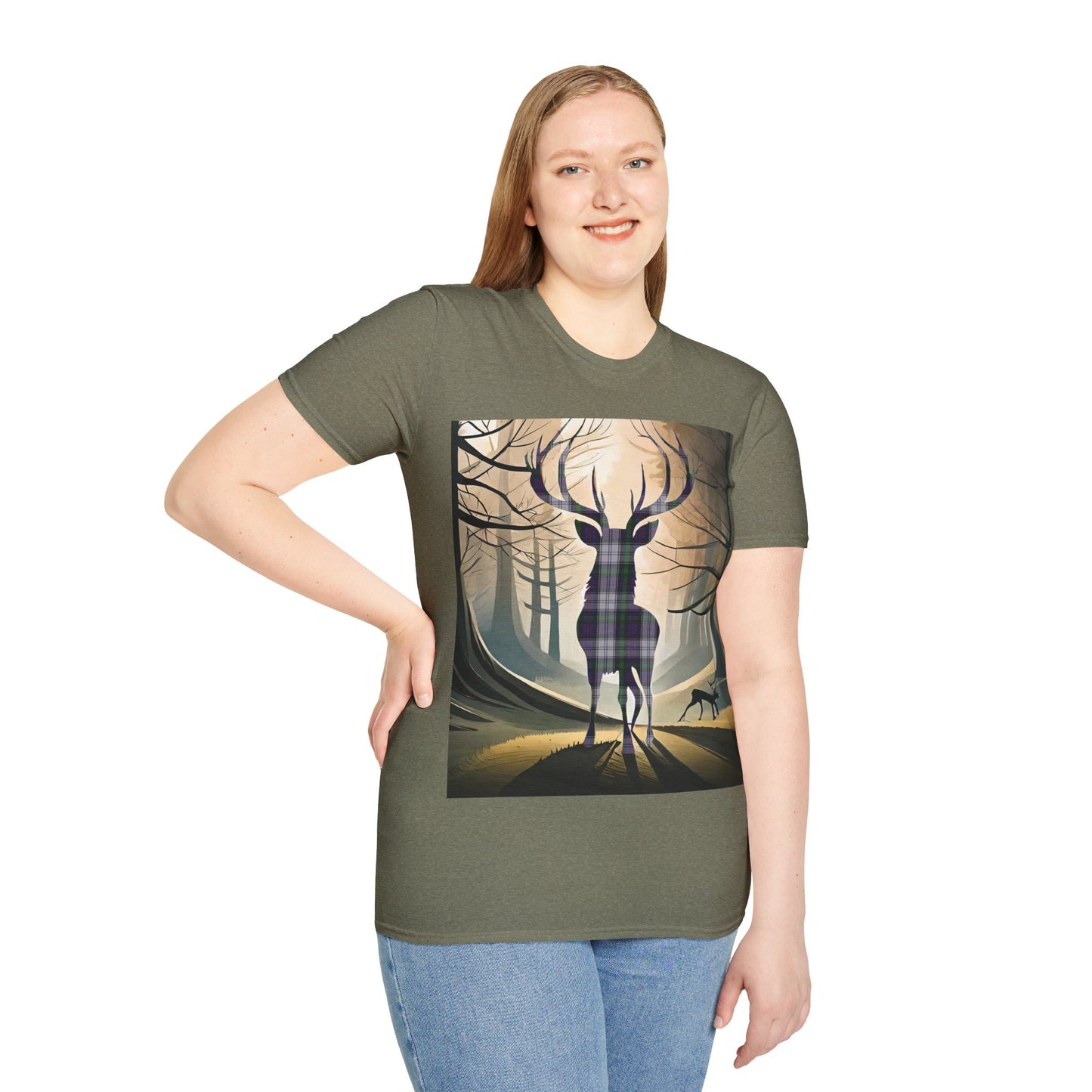 Stag Tartan Silhouette Softstyle T-Shirt - Argyle Dress Tartan, Unisex Tee, Scottish Scenery, Various Colours