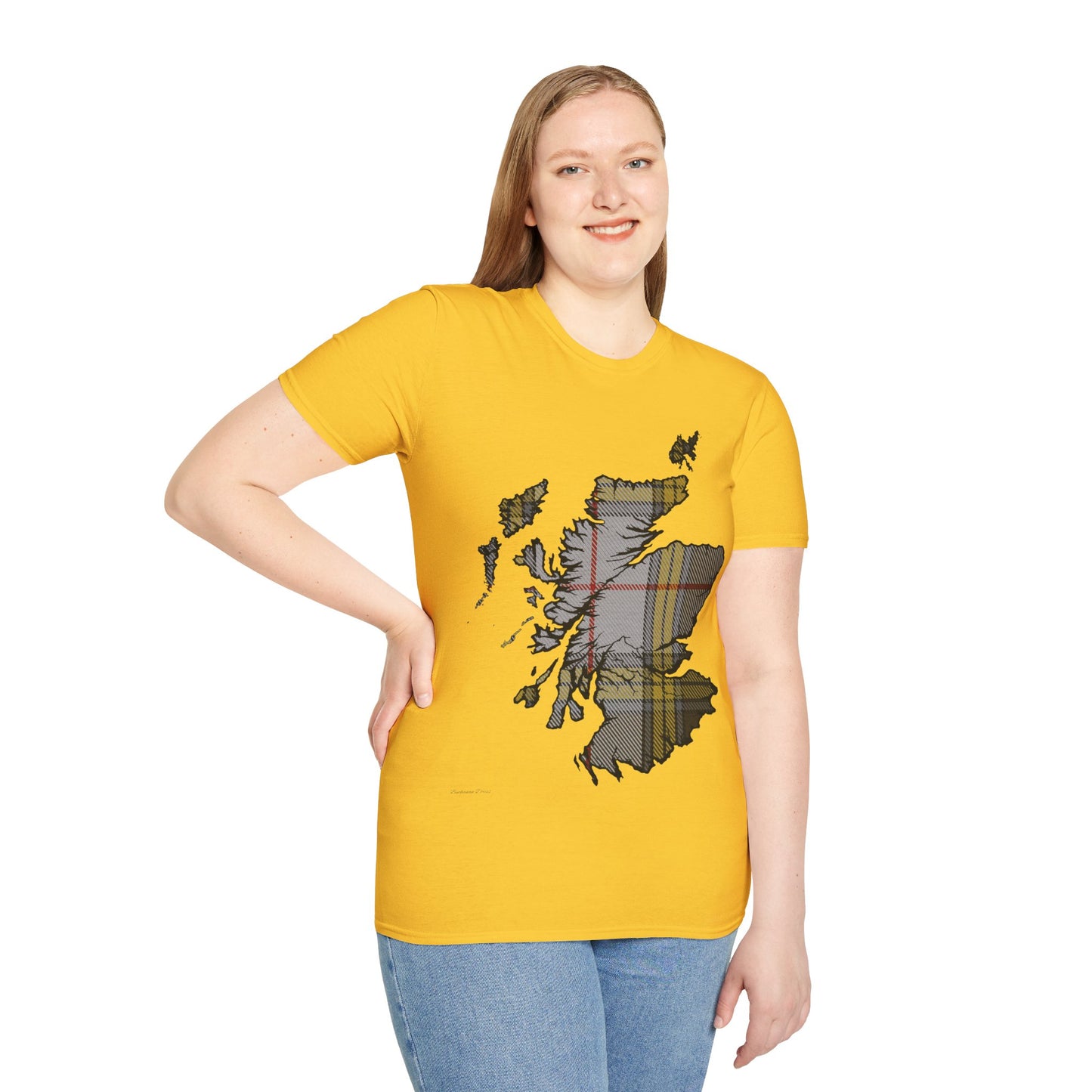 Scotland Tartan Map Softstyle Unisex T-Shirt, Buchanan Dress Tartan, Various Colours