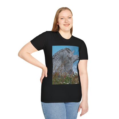 Kelpies with Meadow Photo Softstyle Unisex T-Shirt, Scottish Tee