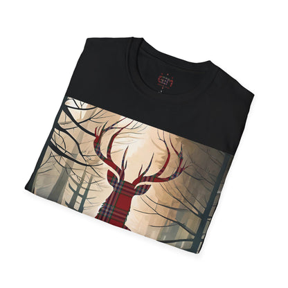 Stag Tartan Silhouette Softstyle T-Shirt - MacFarlane Tartan, Unisex Tee, Scottish Scenery, Various Colours