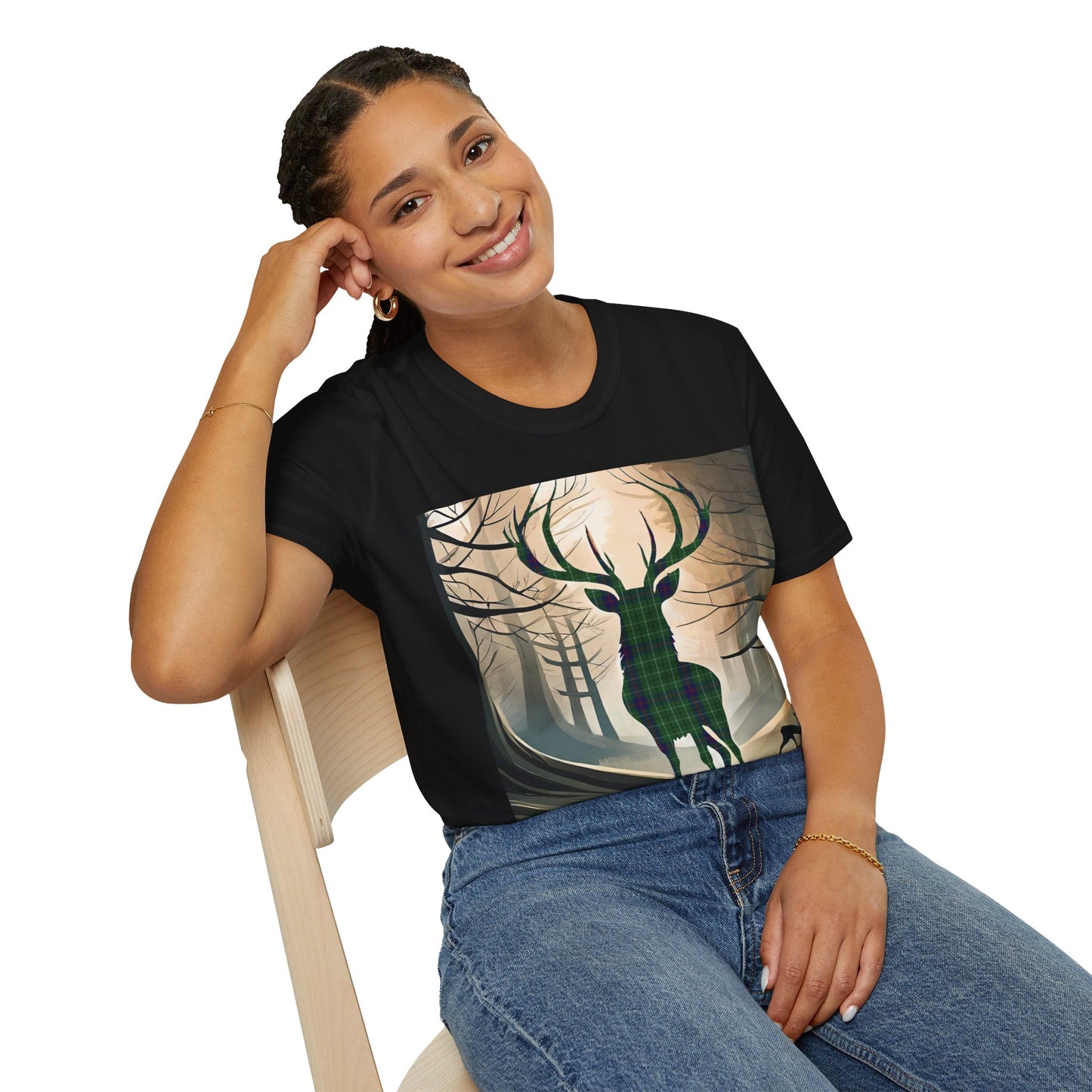 Stag Tartan Silhouette Softstyle T-Shirt - Duncan Tartan, Unisex Tee, Scottish Scenery, Various Colours