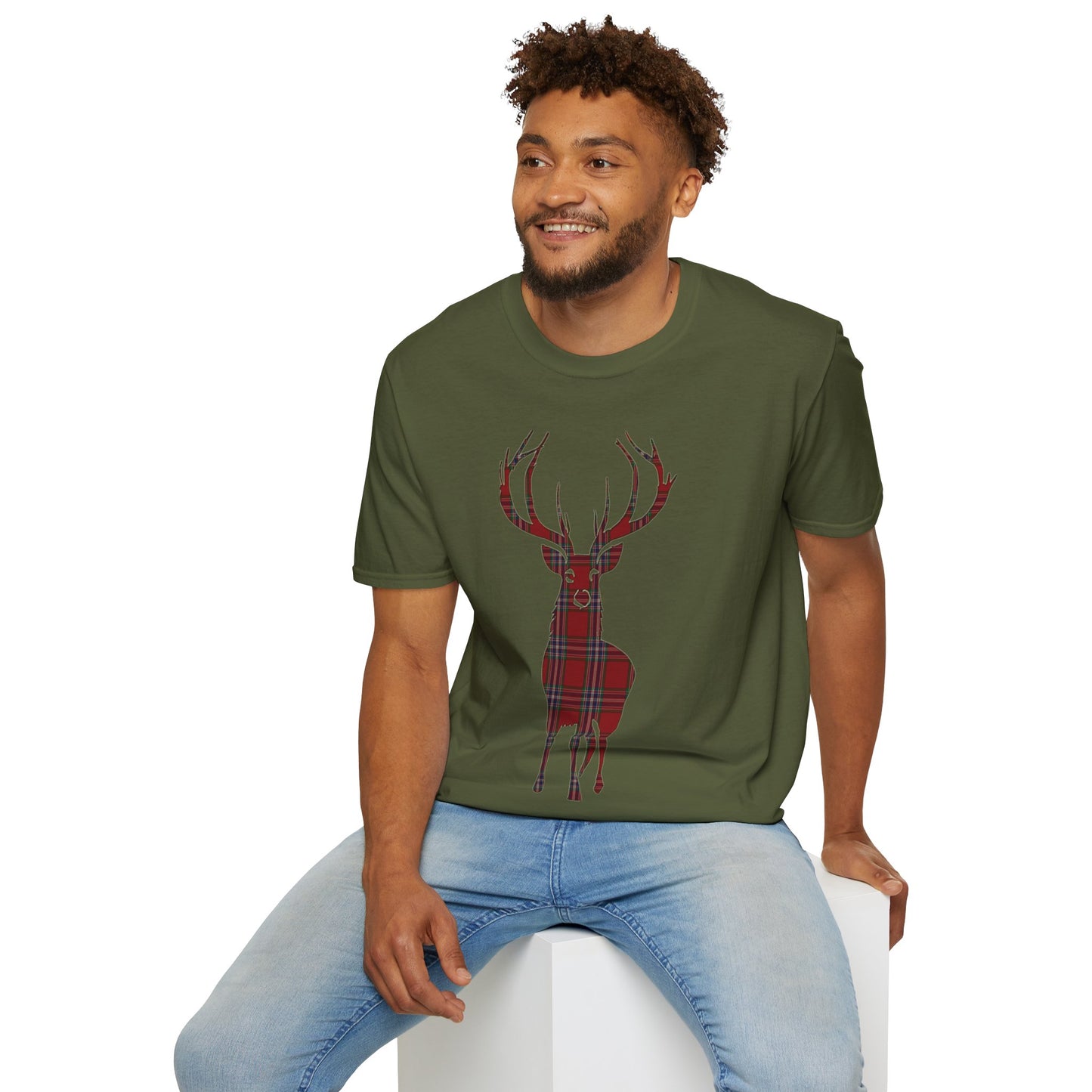 Tartan Stag Softstyle T-Shirt - MacFarlane Tartan, Unisex Tee, Scottish Scenery, Various Colours