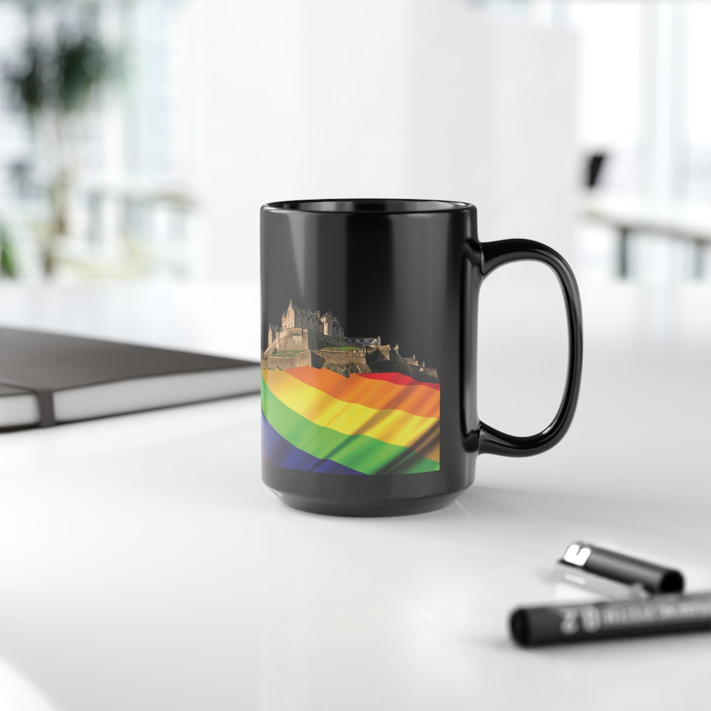 Pride Flag Rock Edinburgh Castle Photo Mug, Black