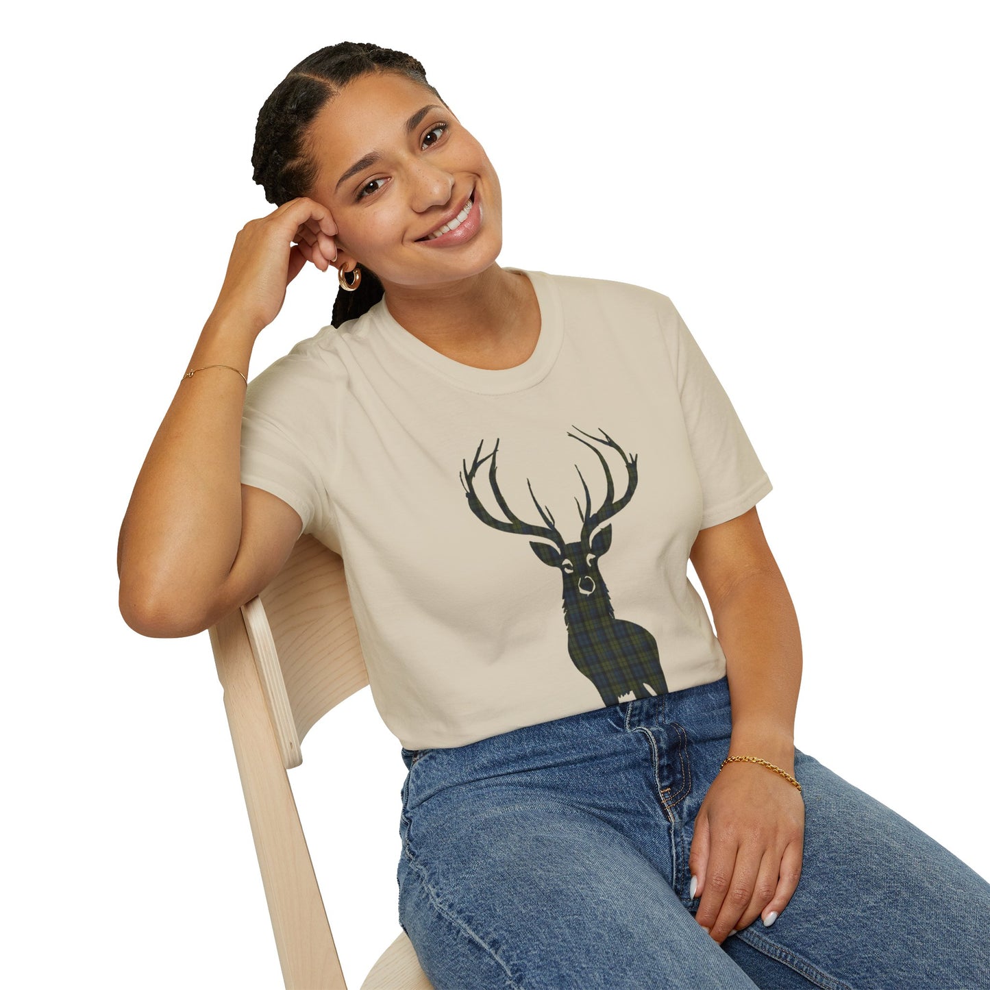 Tartan Stag Softstyle T-Shirt - Campbell Tartan, Unisex Tee, Scottish Scenery, Various Colours