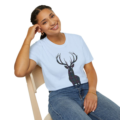 Tartan Stag Softstyle T-Shirt - Rankin Tartan, Unisex Tee, Scottish Scenery, Various Colours