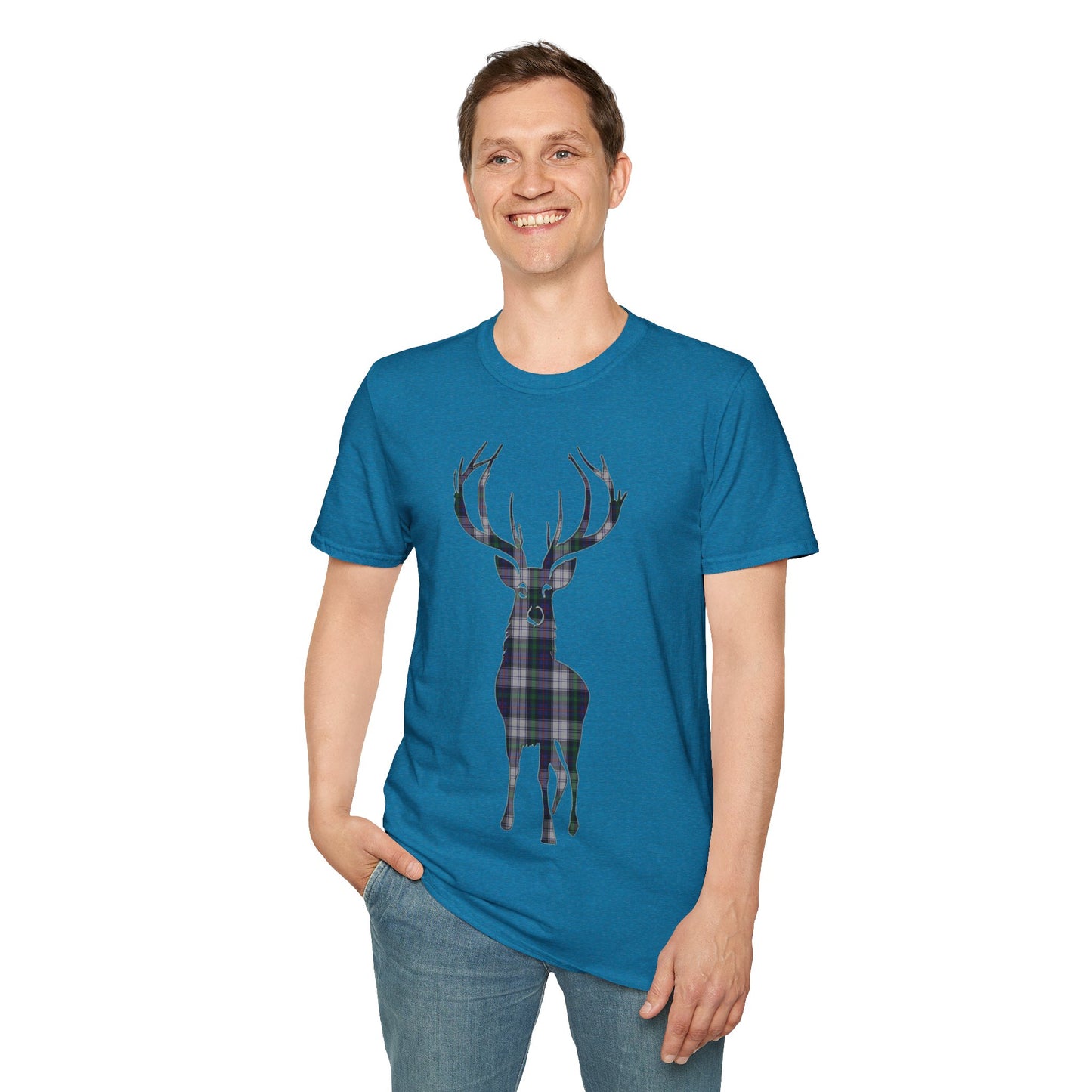 Tartan Stag Softstyle T-Shirt - Argyle Dress Tartan, Unisex Tee, Scottish Scenery, Various Colours