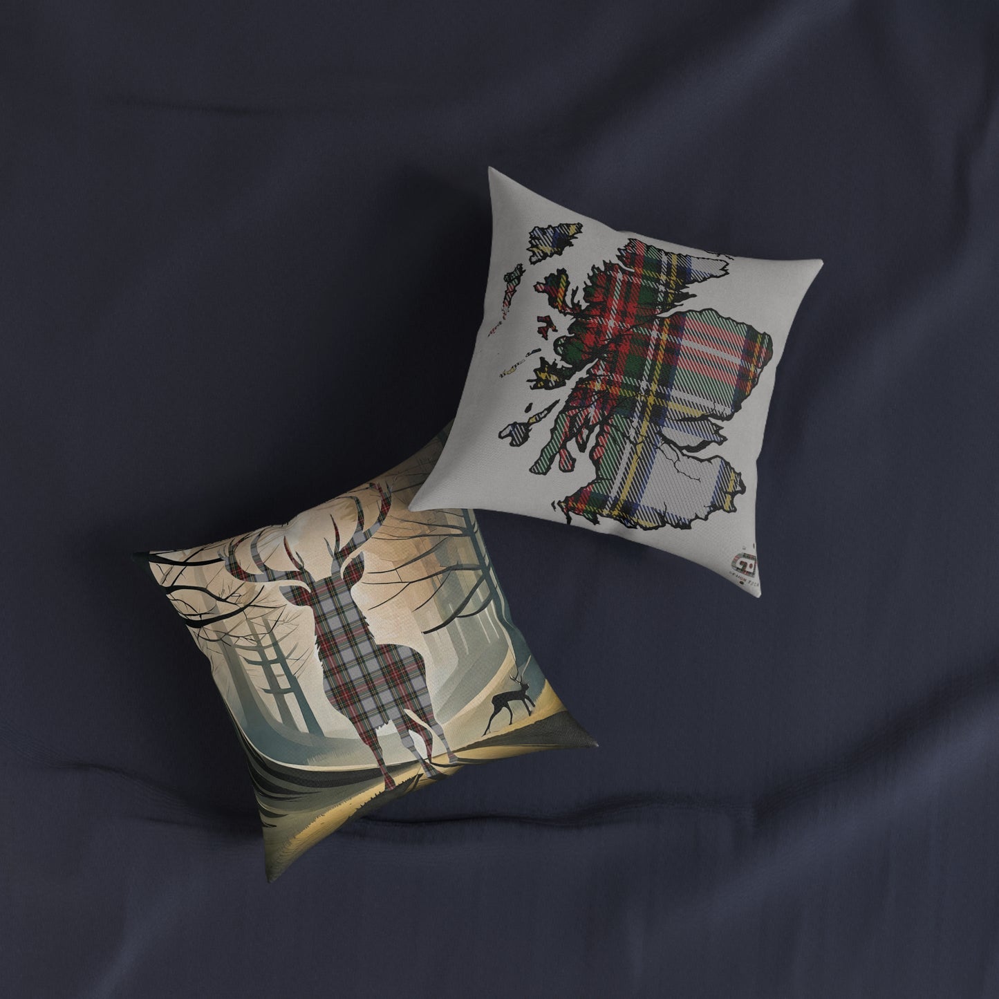 Reversible Square Cushion : Stag / Scotland Map - Stewart Dress Tartan, Various Sizes