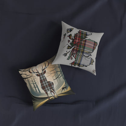 Reversible Square Cushion : Stag / Scotland Map - Stewart Dress Tartan, Various Sizes