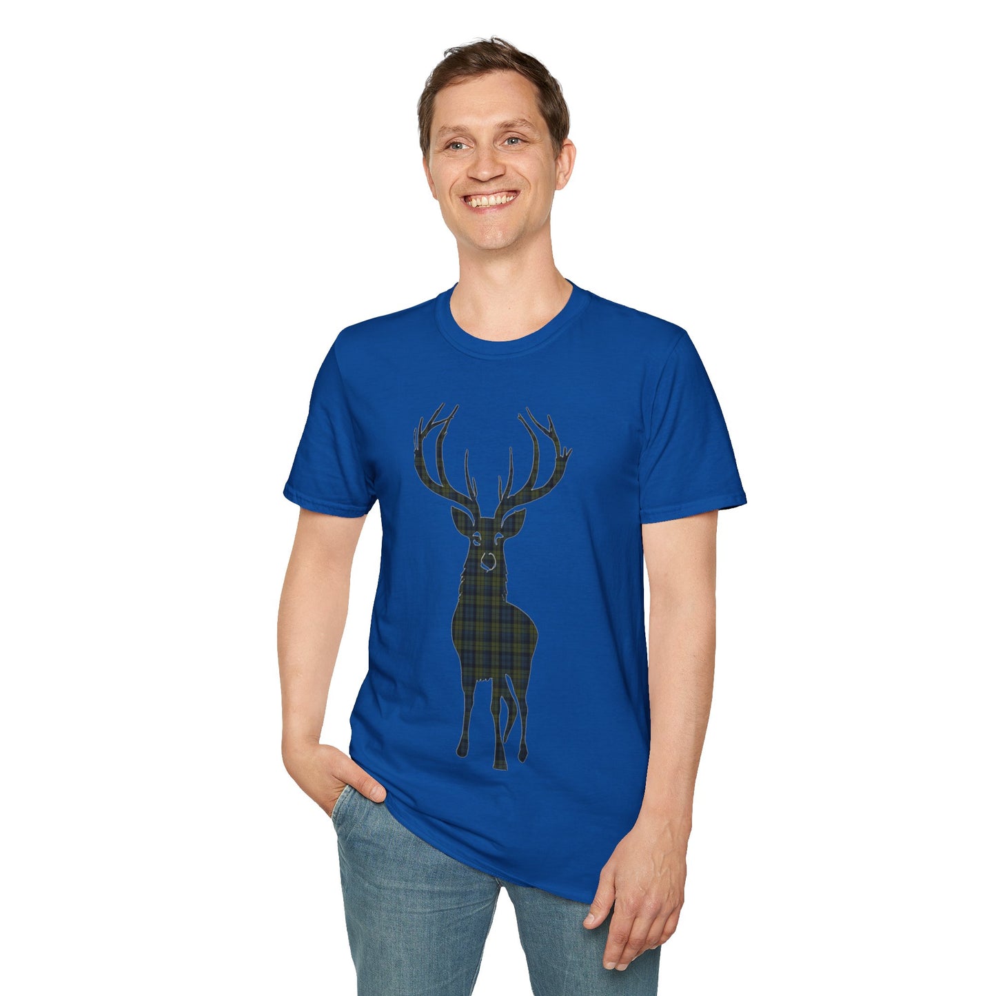 Tartan Stag Softstyle T-Shirt - Campbell Tartan, Unisex Tee, Scottish Scenery, Various Colours