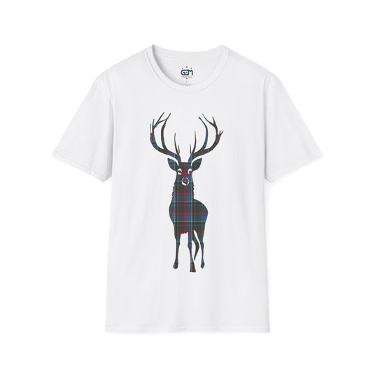 Tartan Stag Softstyle T-Shirt - Anderson Old Tartan, Unisex Tee, Scottish Scenery, Various Colours