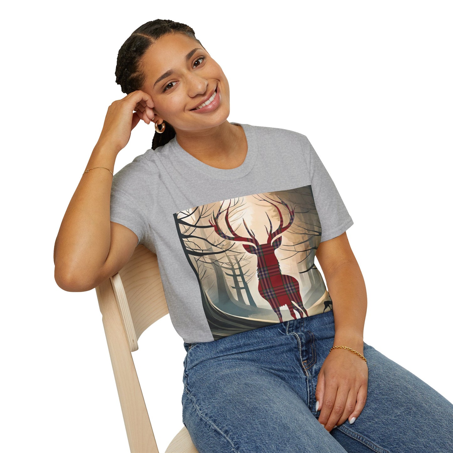 Stag Tartan Silhouette Softstyle T-Shirt - MacFarlane Tartan, Unisex Tee, Scottish Scenery, Various Colours