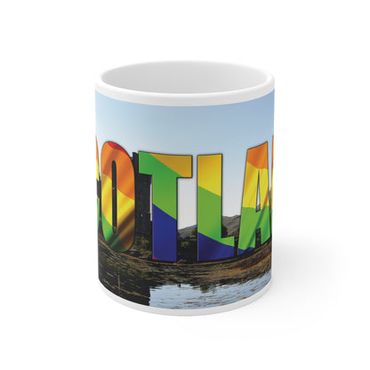 Scotland Lettering Pride Flag Photo Mug, White