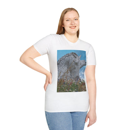 Kelpies with Meadow Photo Softstyle Unisex T-Shirt, Scottish Tee