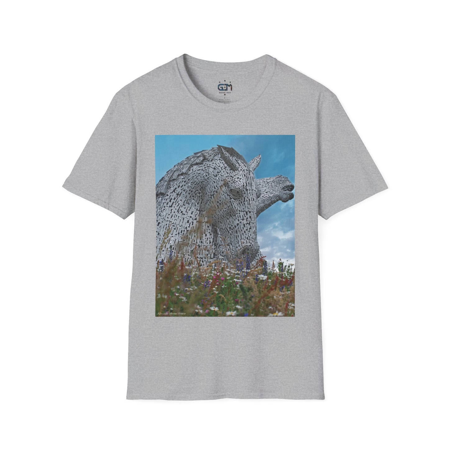 Kelpies with Meadow Photo Softstyle Unisex T-Shirt, Scottish Tee