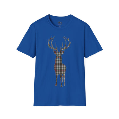 Tartan Stag Softstyle T-Shirt - Stewart Dress Tartan, Unisex Tee, Scottish Scenery, Various Colours