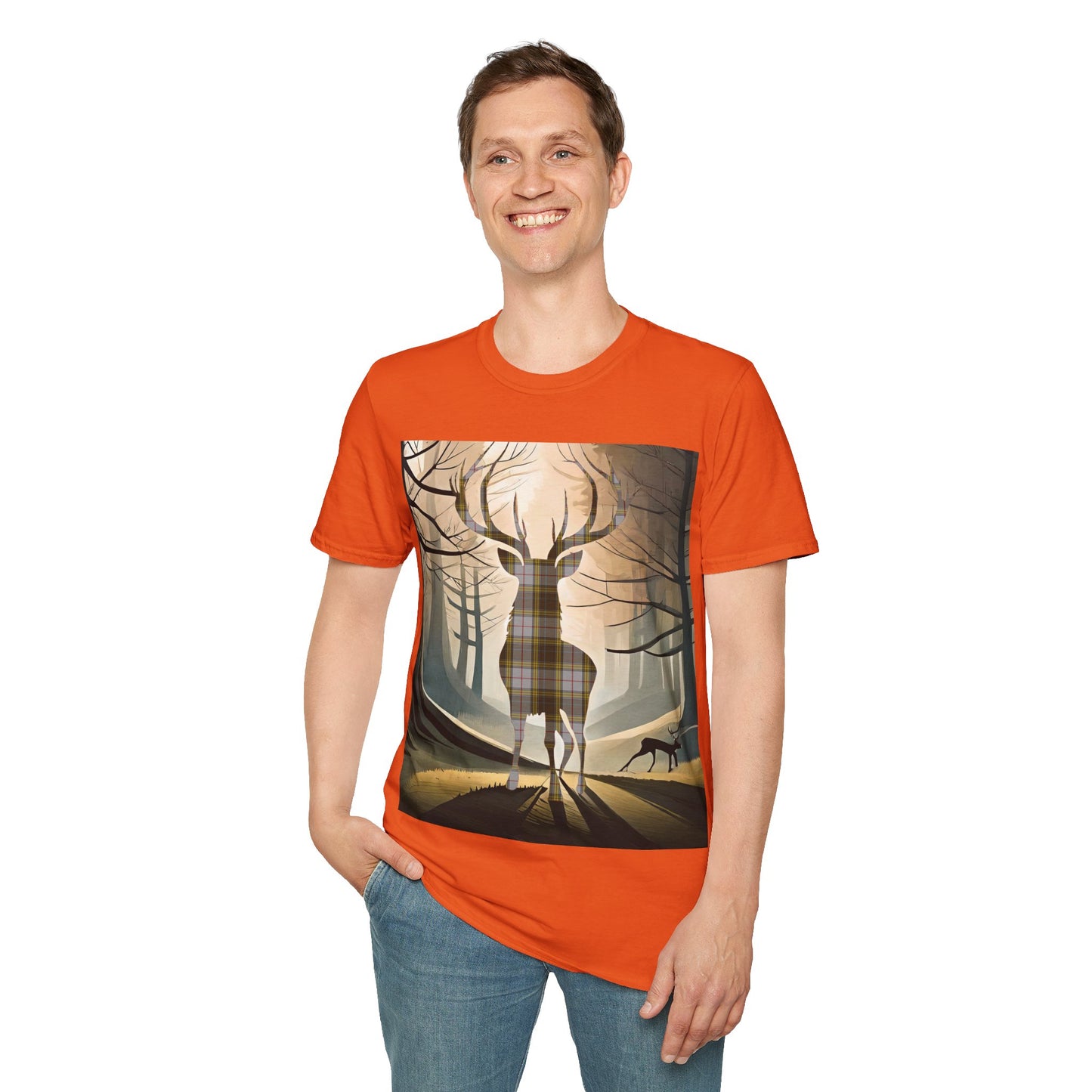 Stag Tartan Silhouette Softstyle T-Shirt - Buchanan Tartan, Unisex Tee, Scottish Scenery, Various Colours