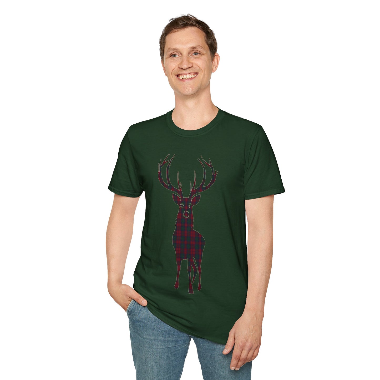 Tartan Stag Softstyle T-Shirt - Lindsay Tartan, Unisex Tee, Scottish Scenery, Various Colours