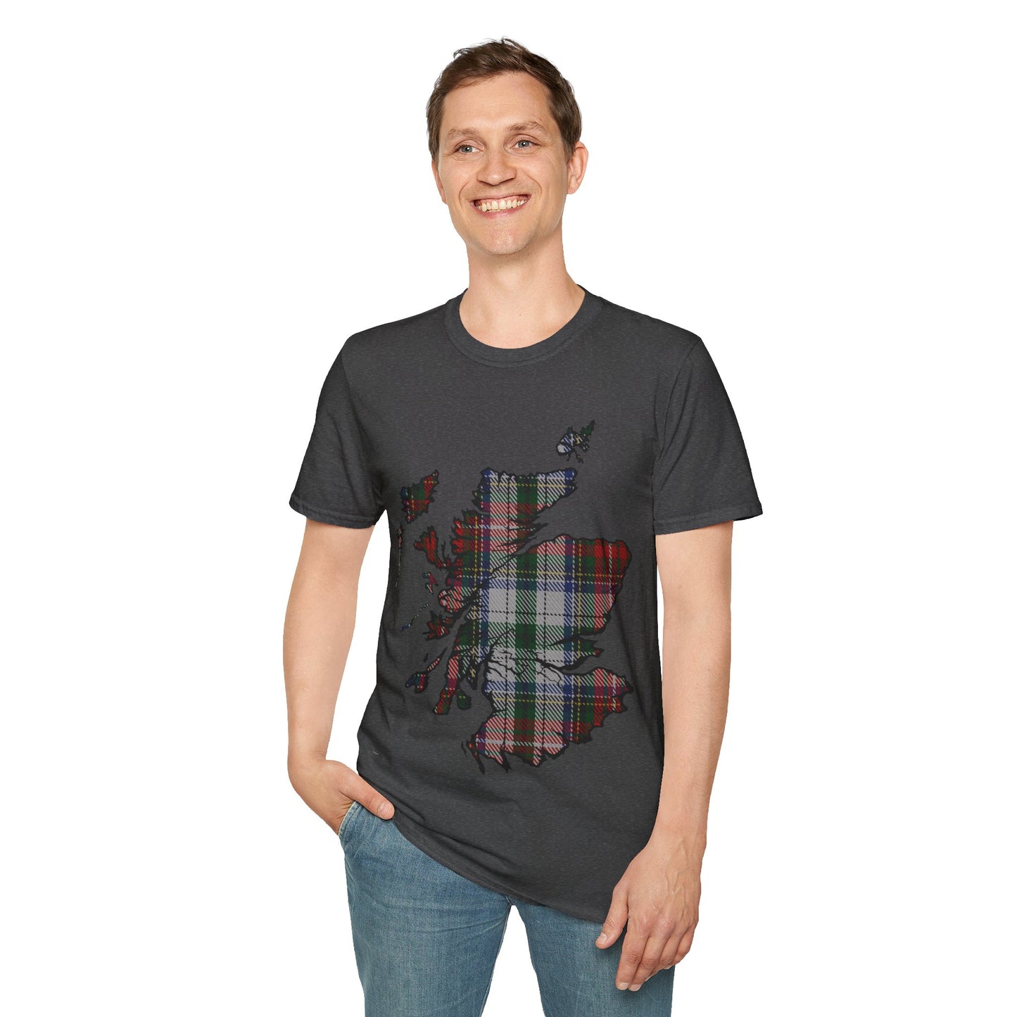 Scotland Tartan Map Softstyle Unisex T-Shirt, Stewart Tartan, Various Colours