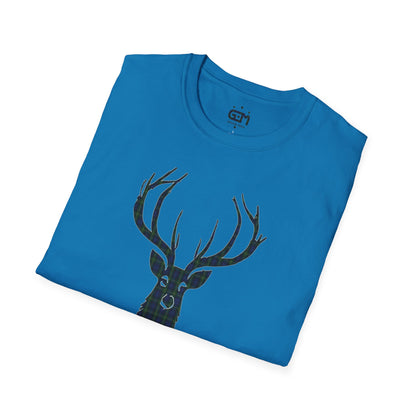 Tartan Stag Softstyle T-Shirt - Gordon Tartan, Unisex Tee, Scottish Scenery, Various Colours