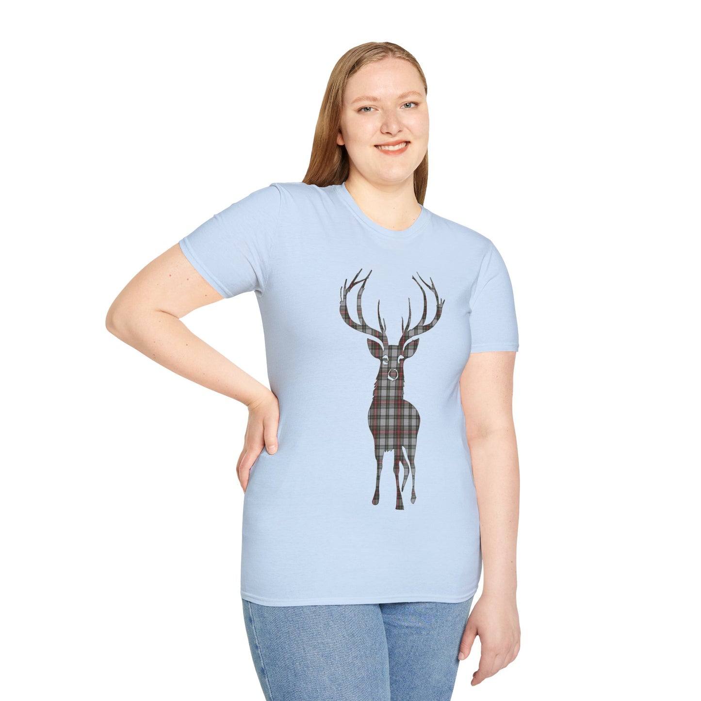 Tartan Stag Softstyle T-Shirt - Stewart Dress Tartan, Unisex Tee, Scottish Scenery, Various Colours