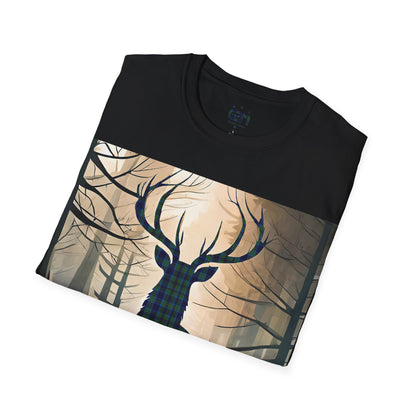 Stag Tartan Silhouette Softstyle T-Shirt - Miller Tartan, Unisex Tee, Scottish Scenery, Various Colours