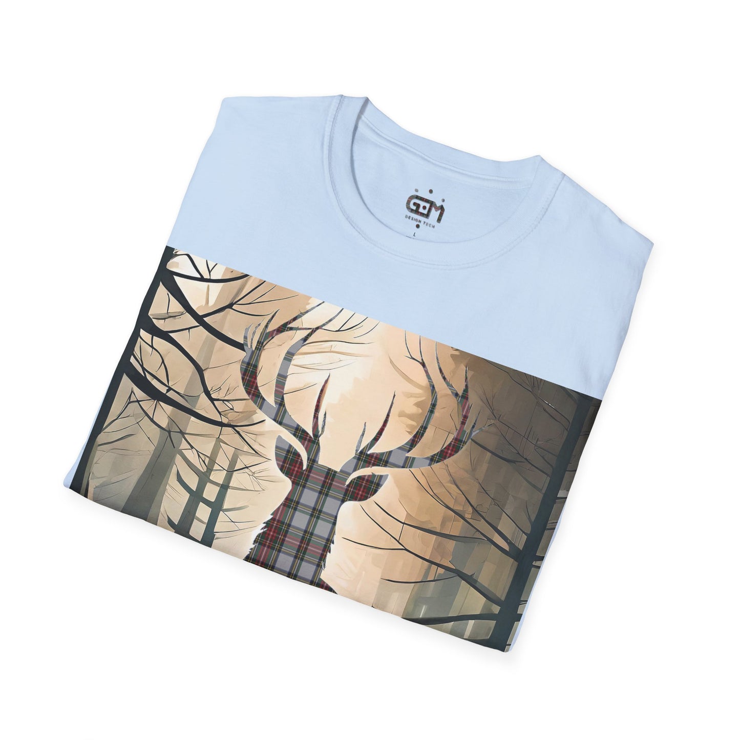 Stag Tartan Silhouette Softstyle T-Shirt - Stewart Dress Tartan, Unisex Tee, Scottish Scenery, Various Colours