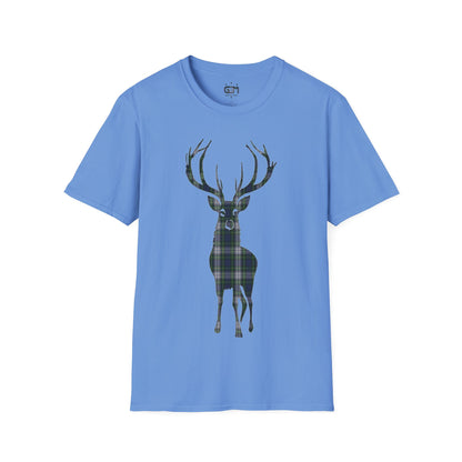 Tartan Stag Softstyle T-Shirt - Gordon Dress Tartan, Unisex Tee, Scottish Scenery, Various Colours