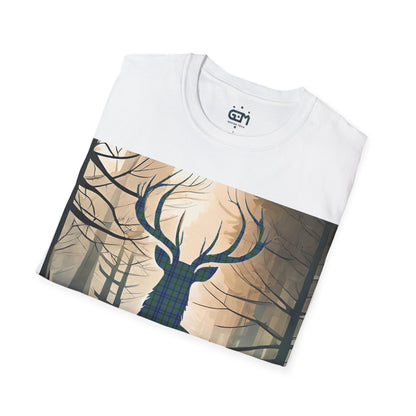 Stag Tartan Silhouette Softstyle T-Shirt - Keith Tartan, Unisex Tee, Scottish Scenery, Various Colours