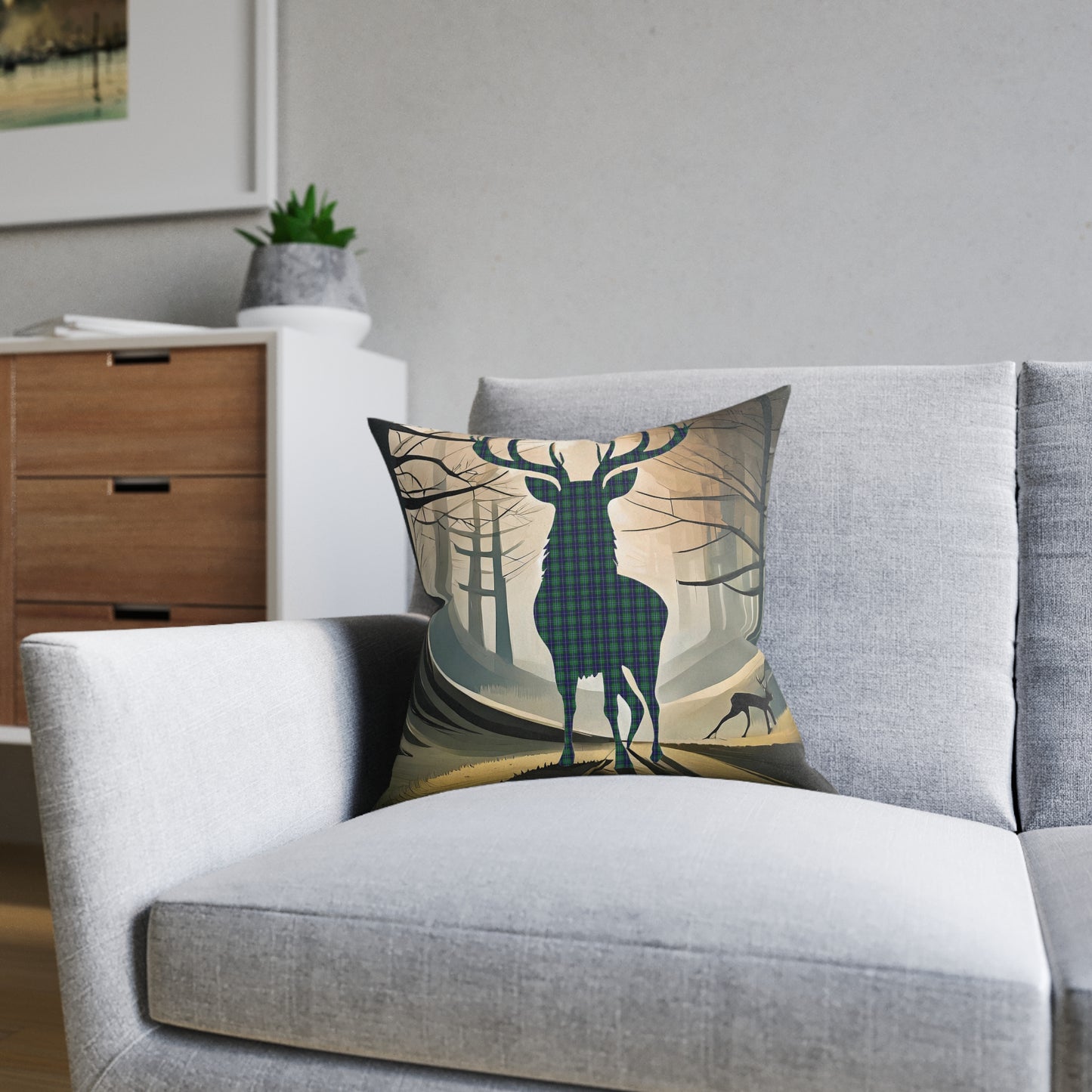 Reversible Square Cushion : Stag / Scotland Map - Douglas Tartan, Various Sizes