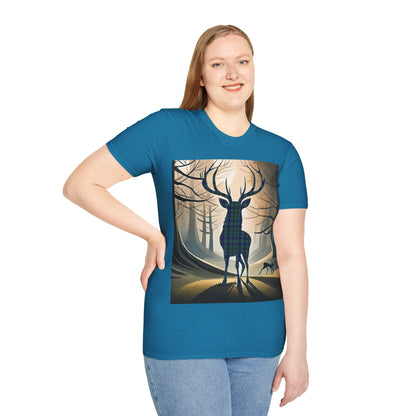 Stag Tartan Silhouette Softstyle T-Shirt - Miller Tartan, Unisex Tee, Scottish Scenery, Various Colours