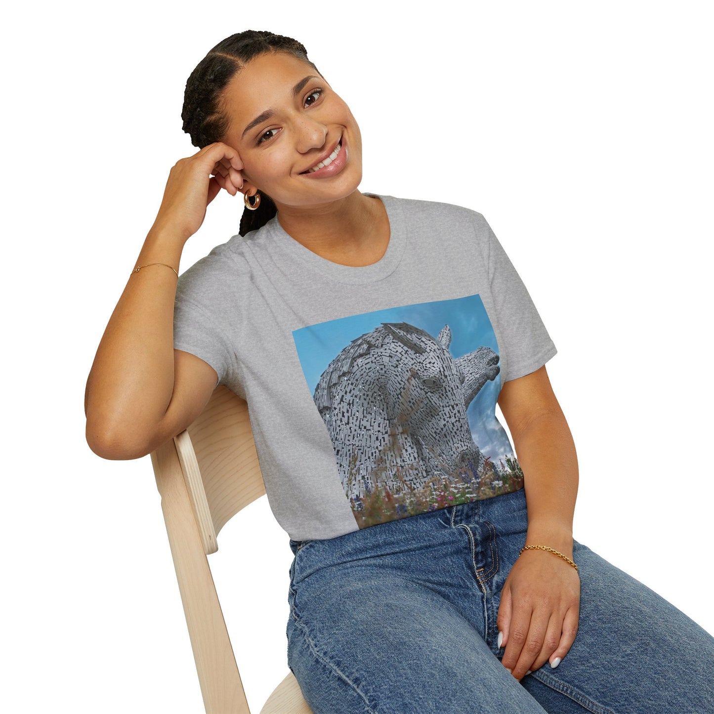 Kelpies with Meadow Photo Softstyle Unisex T-Shirt, Scottish Tee