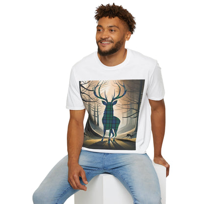 Stag Tartan Silhouette Softstyle T-Shirt - Flower of Scotland Tartan, Unisex Tee, Scottish Scenery, Various Colours