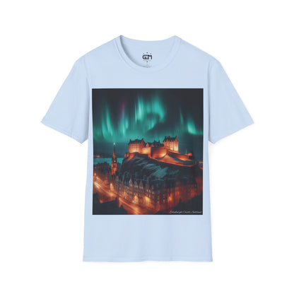 Edinburgh Castle with Northern Lights Softstyle T-Shirt, Unisex Tee, Scotland Shirt, Scottish Landmark, Nature, Scenery, Various Colours